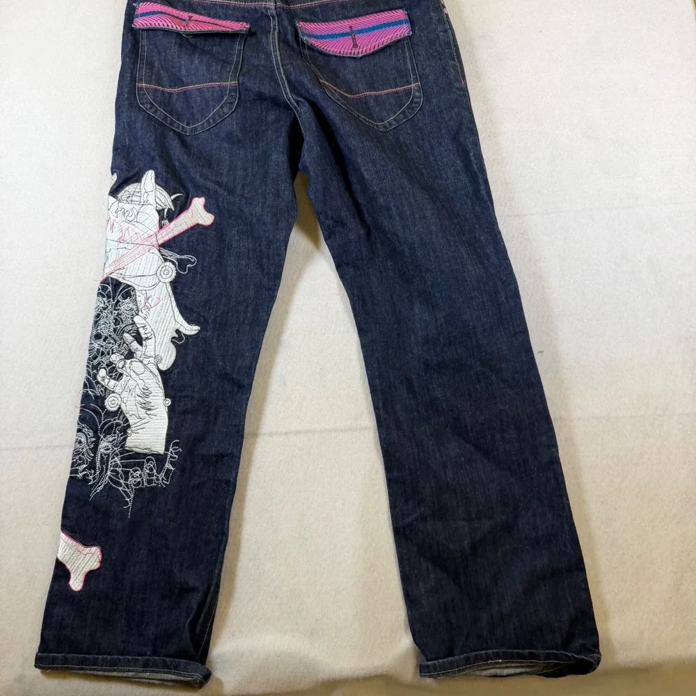 Class Player by Playerz Mens 34‎ Skeleton Embroidered Dark Wash Y2K Denim Jeans